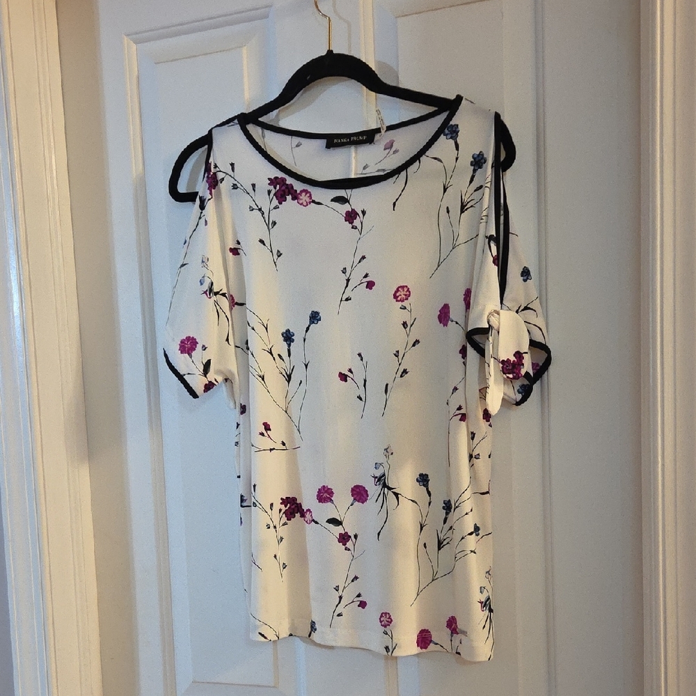 Ivanka Trump Floral Cold-Shoulder Top - White with Pink & Blue Small